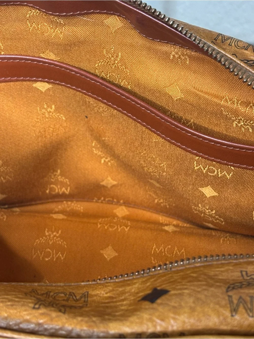 MCM Cognac Visetos Boston Satchel with Dark Brown Handles